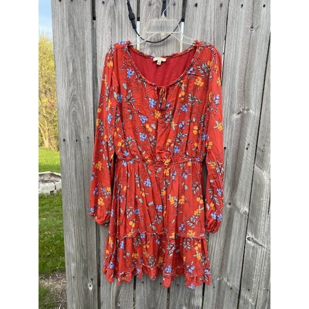 Kori America Floral Long Sleeve Tiered Ruffle Mini Dress Rust Red Large GP3258